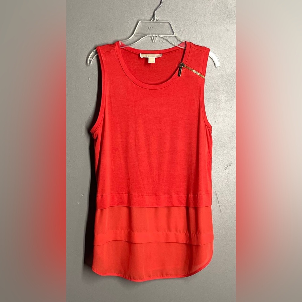 Michael Kors Sz S Coral Orange Blouse Sheer Sleeveless Asymmetrical Layered